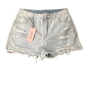 MICAS Light Wash High Waist Distressed Denim Shorts - Light Blue